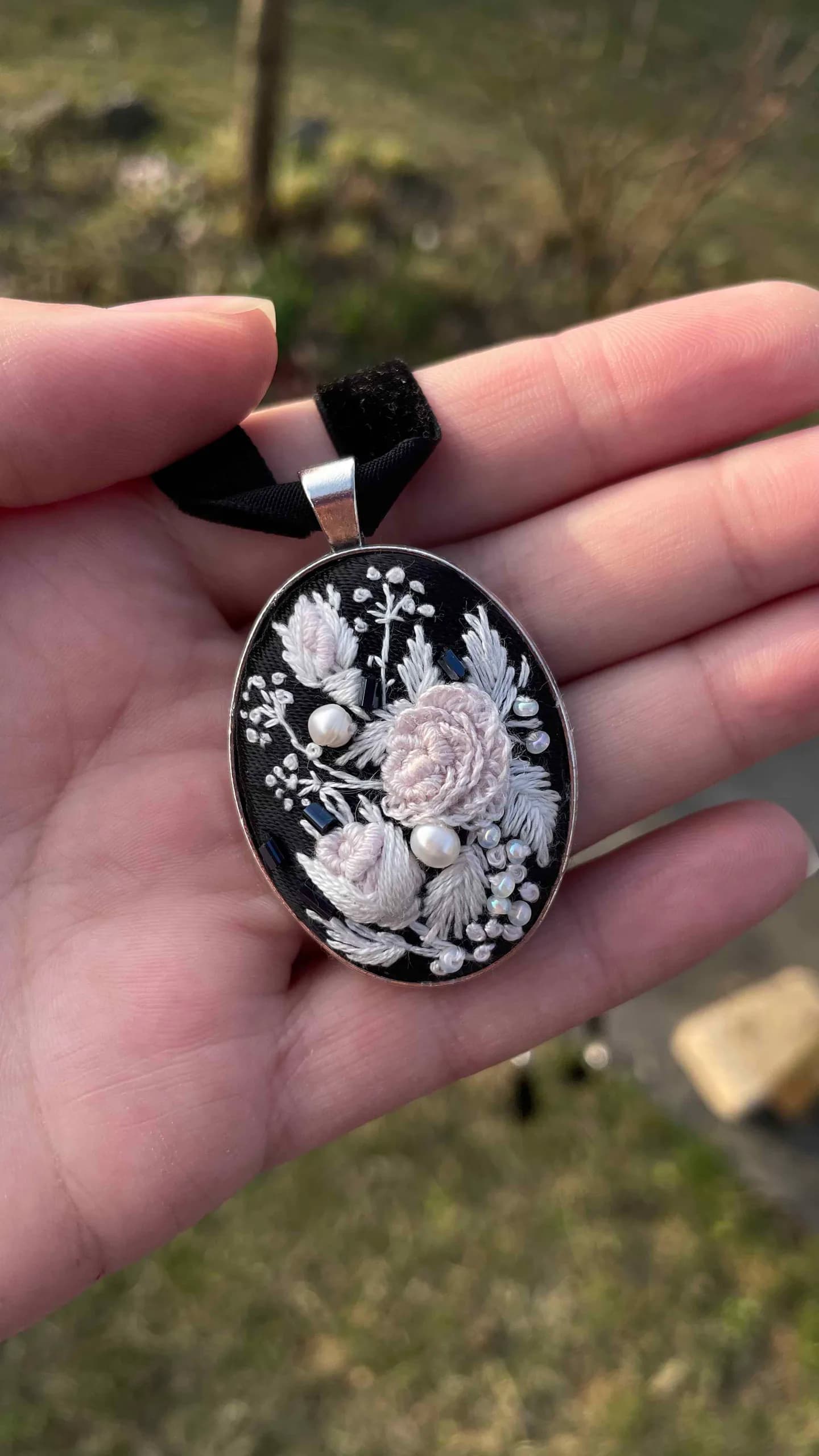 Moon Pearl — pendant shown in hand, NataSko Handmade