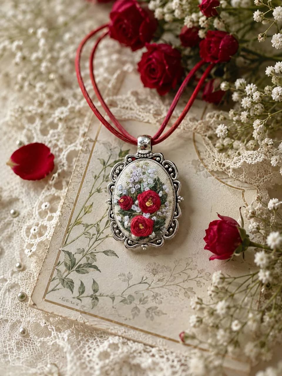 Pendant NH-019 with dimensional embroidery of three red roses, lilac flowers and green foliage in an ornate silver-coloured frame — additional pendant photo 2, NataSko Handmade