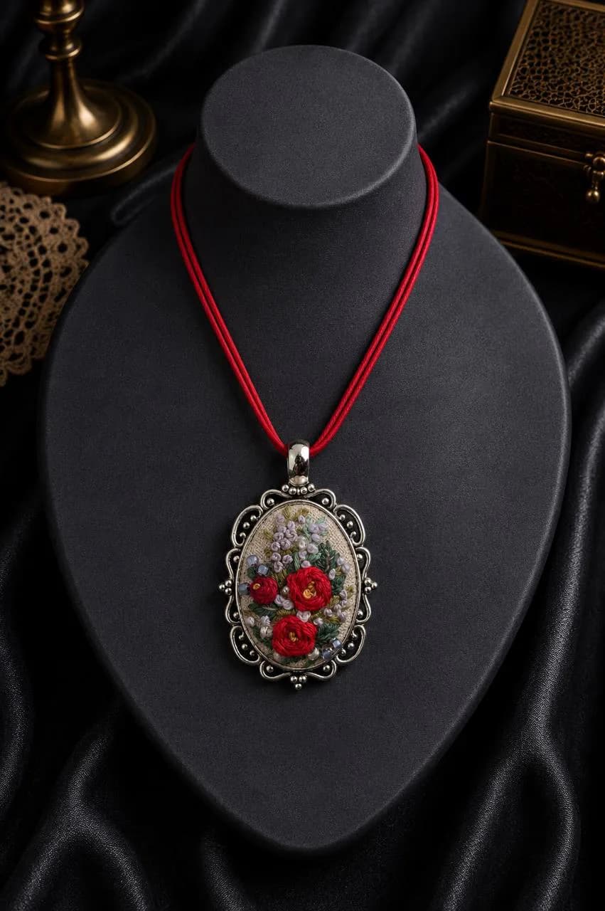 Pendant NH-019 with dimensional embroidery of three red roses, lilac flowers and green foliage in an ornate silver-coloured frame — additional pendant photo 3, NataSko Handmade