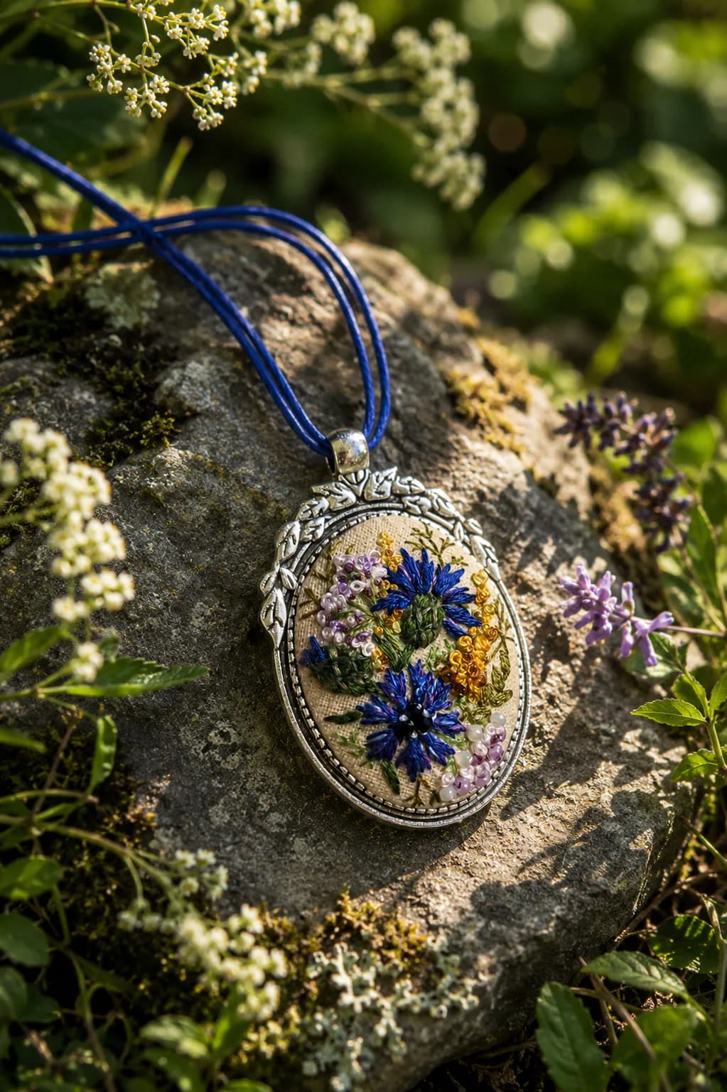 Cornflower Bouquet embroidered pendant with blue cornflowers, satin stitch embroidery on cotton, Czech seed beads and spinel in a decorative oval frame on a blue cotton cord. — artistic pendant render 3, NataSko Handmade