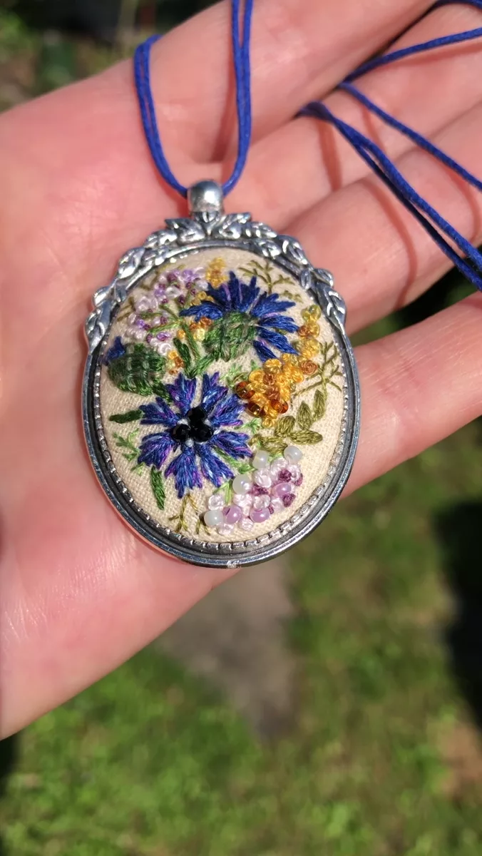 Cornflower Bouquet Pendant — handmade embroidered pendant video